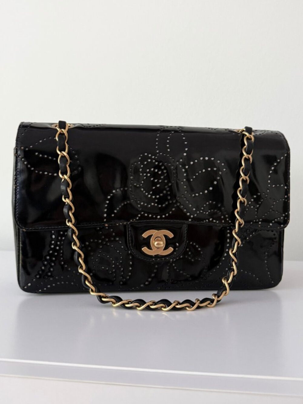 CHANEL 2004 Patent Leather CC Camellia Chain Shoulder Flap Bag in Black and Gold
